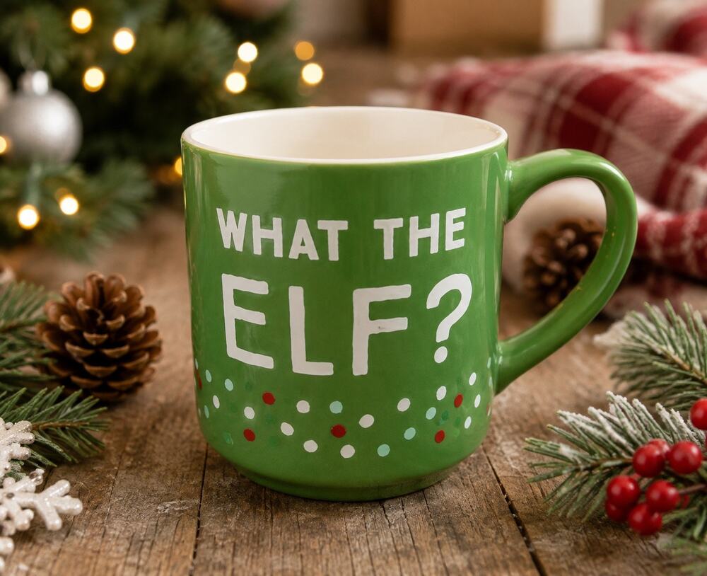 Parker Lane “What the Elf?” Green Funny Christmas Stoneware Mug
